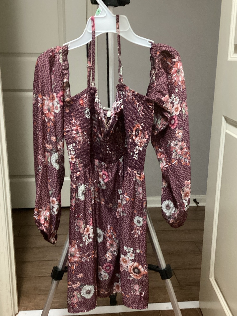 Buckle Plum Floral Long Sleeve Smocked Midi Dress